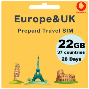 Europe&UK Travel Prepaid SIM 22GB Data for 28 Days - Vodafone