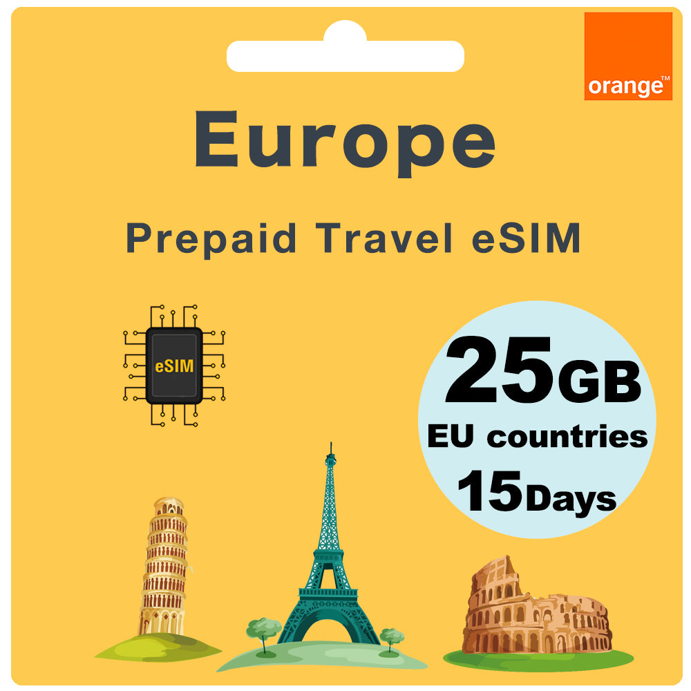 Europe & UK Prepaid Travel eSIM Card 25GB 4G Data 15 Days 29 Countries - Orange Spain