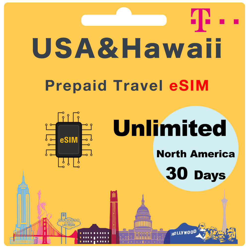 USA & Hawaii Prepaid Travel eSIM Card Unlimited Data - T Mobile