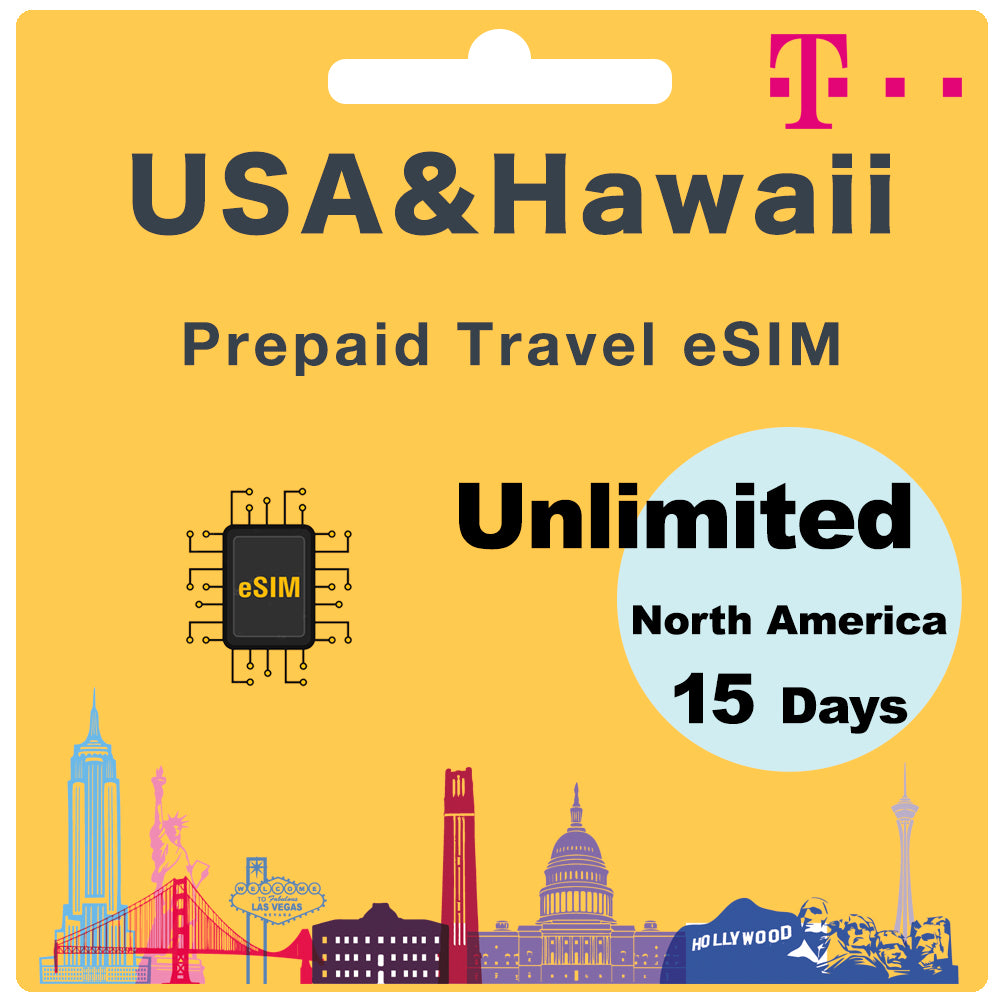 USA & Hawaii Prepaid Travel eSIM Card Unlimited Data - T Mobile