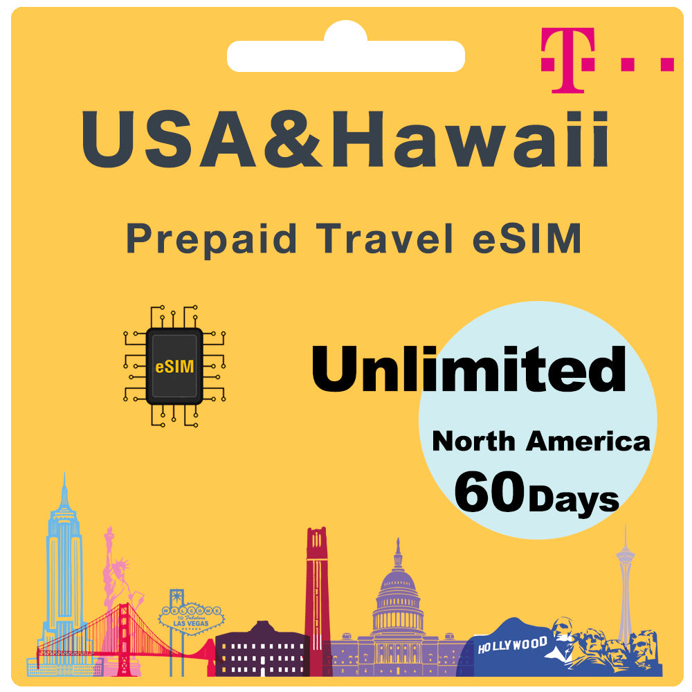 USA & Hawaii Prepaid Travel eSIM Card Unlimited Data - T Mobile