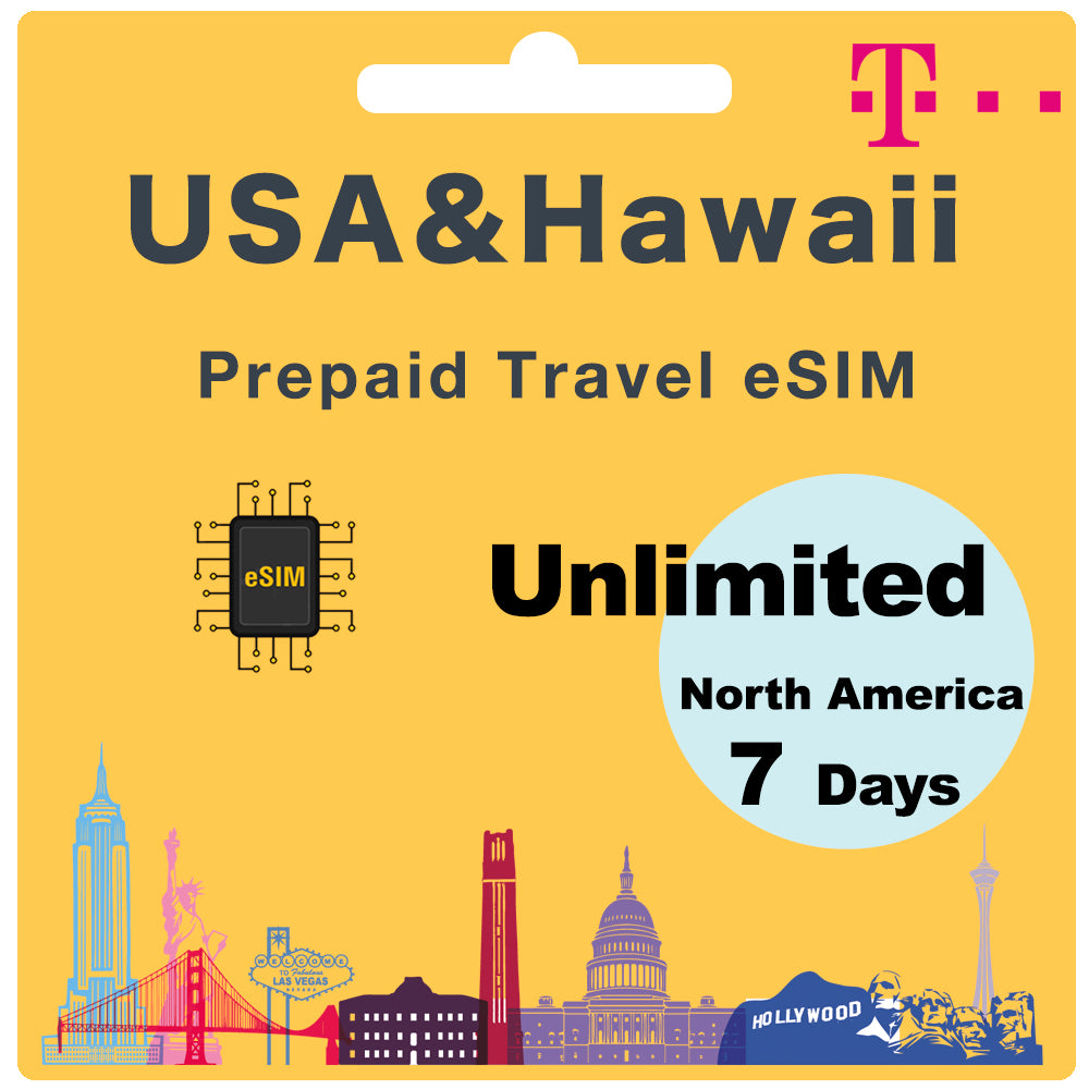 USA & Hawaii Prepaid Travel eSIM Card Unlimited Data - T Mobile
